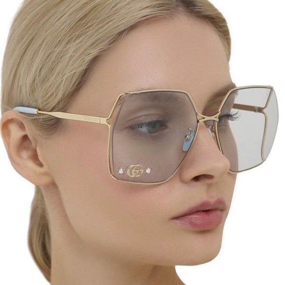 Gucci Accessories - Gucci Double G Oversized-frame Sunglasses Gold/Blue Gg0817s - 004 Gg Logo.
